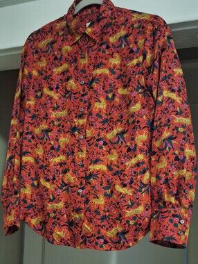 J. Crew Red Button-Down Shirt with Yellow & Blue Floral Print